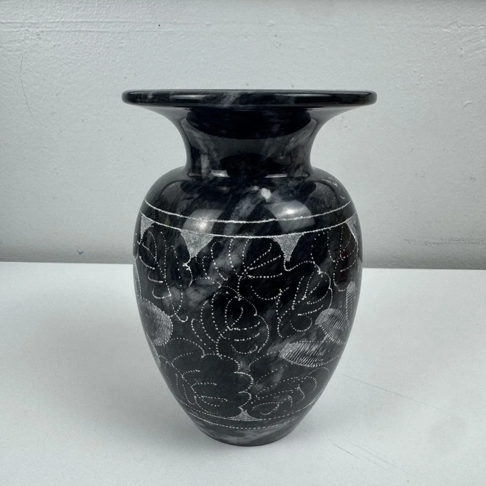 Black Stone Floral Etched Flower Vase Jar Small Decorative Modern Contemporary
